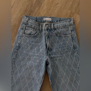 Zara Blue Rhinestone Diamond Pattern Jeans
